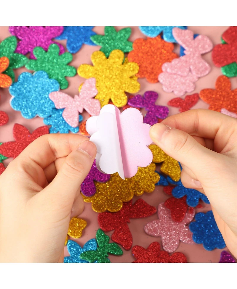 Gnuadz 300 Pieces Spring Glitter Flower Butterfly Foam Stickers Self-adhesive Arts Crafts Scrapbooking Cards Decoration