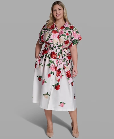 Karl Lagerfeld Paris Plus Floral-Print Midi Collared Dress