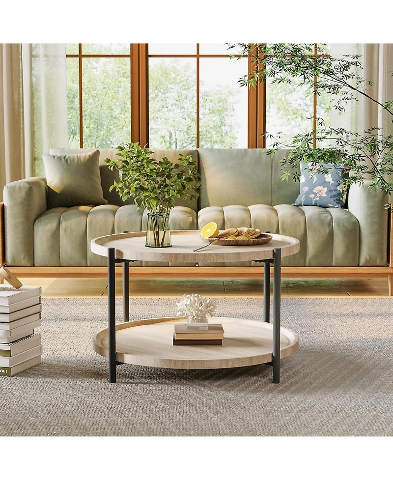 gaomon Round Wood 2-Tier Coffee Table with Metal Legs and Storage Shelf