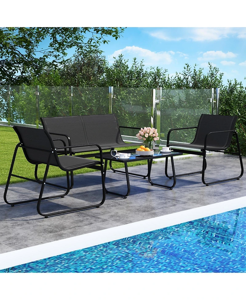 Slickblue Patio Furniture Set, 4-Piece with Fabric Chairs, Loveseat and Glass Coffee Table
