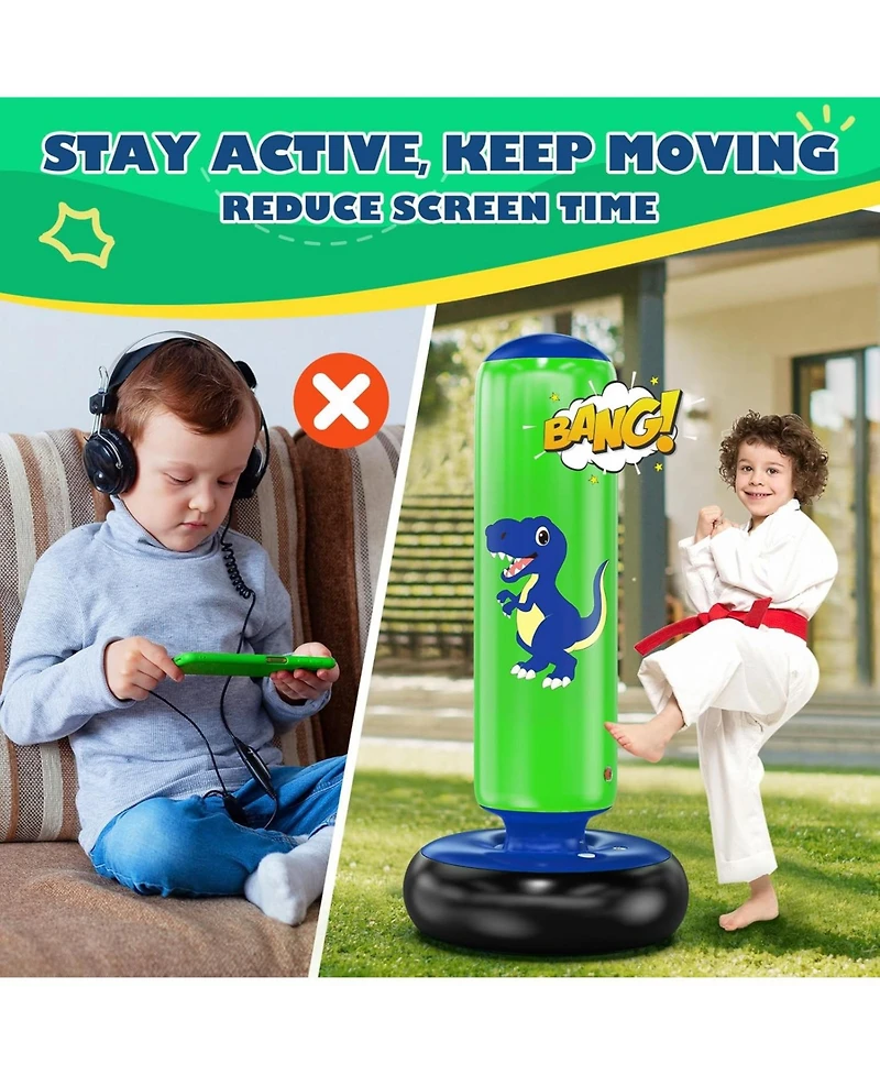 Qpau Inflatable Punching Bag, 48 Inch Stable Inflatable Boxing Bag for 3-6 Kids,Dinosaur Toy and Gifts for Boys and Girls, Kids Boxing Set