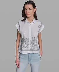 Karl Lagerfeld Paris Petite Bow Scenic Poplin Collared Shirt