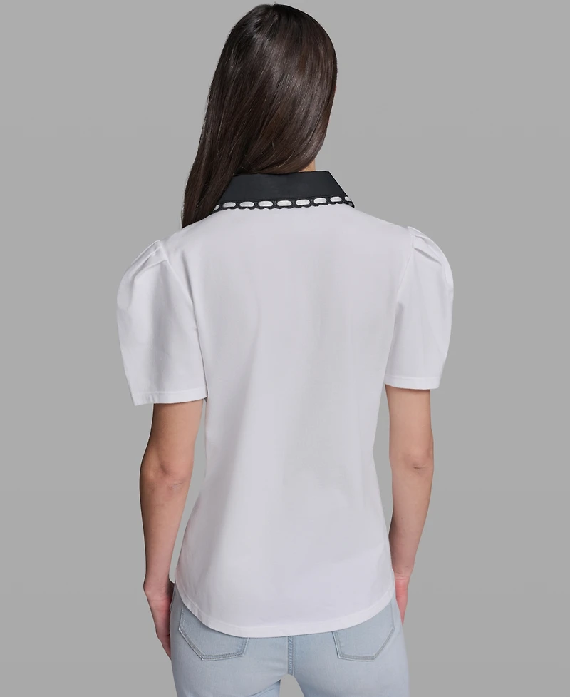 Karl Lagerfeld Paris Petite Button-Up Polo Collar Top