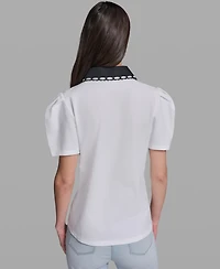 Karl Lagerfeld Paris Petite Button-Up Polo Collar Top