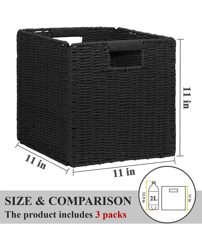 Yigii 3 Pack Wicker Storage Baskets Foldable Handwoven Square Organizer Bins Rustic Decorative Shelf Closet Organizers