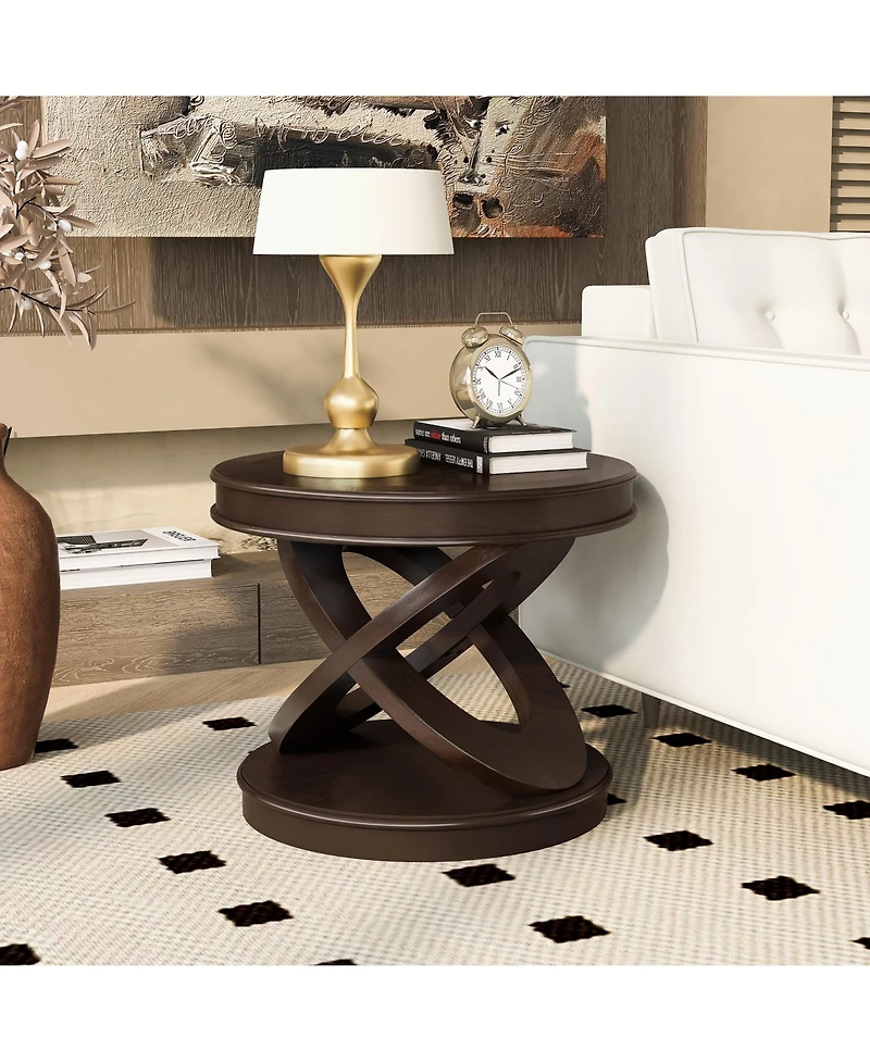 Rainsken X-shape Base Coffee Table, 22" Retro Round Wooden Center Table for Living Room, Small Space