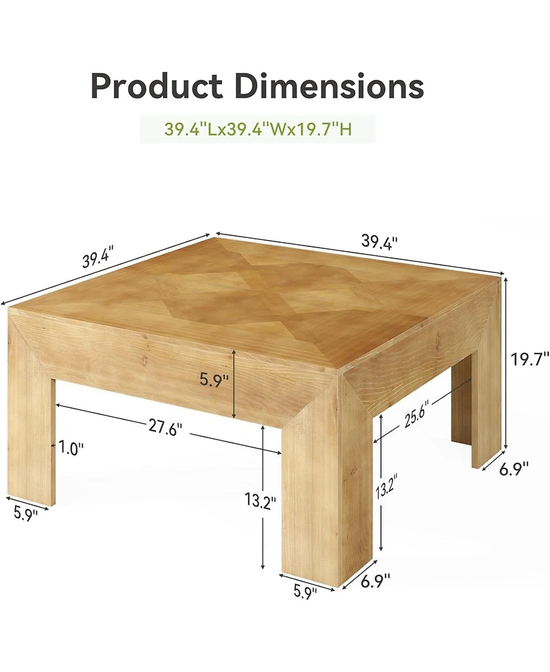Tribesigns 39.4" Solid Wood Coffee Table, Square Coffee Table with Intricate Inlaid Top and Sturdy Legs, Rustic Center Tables