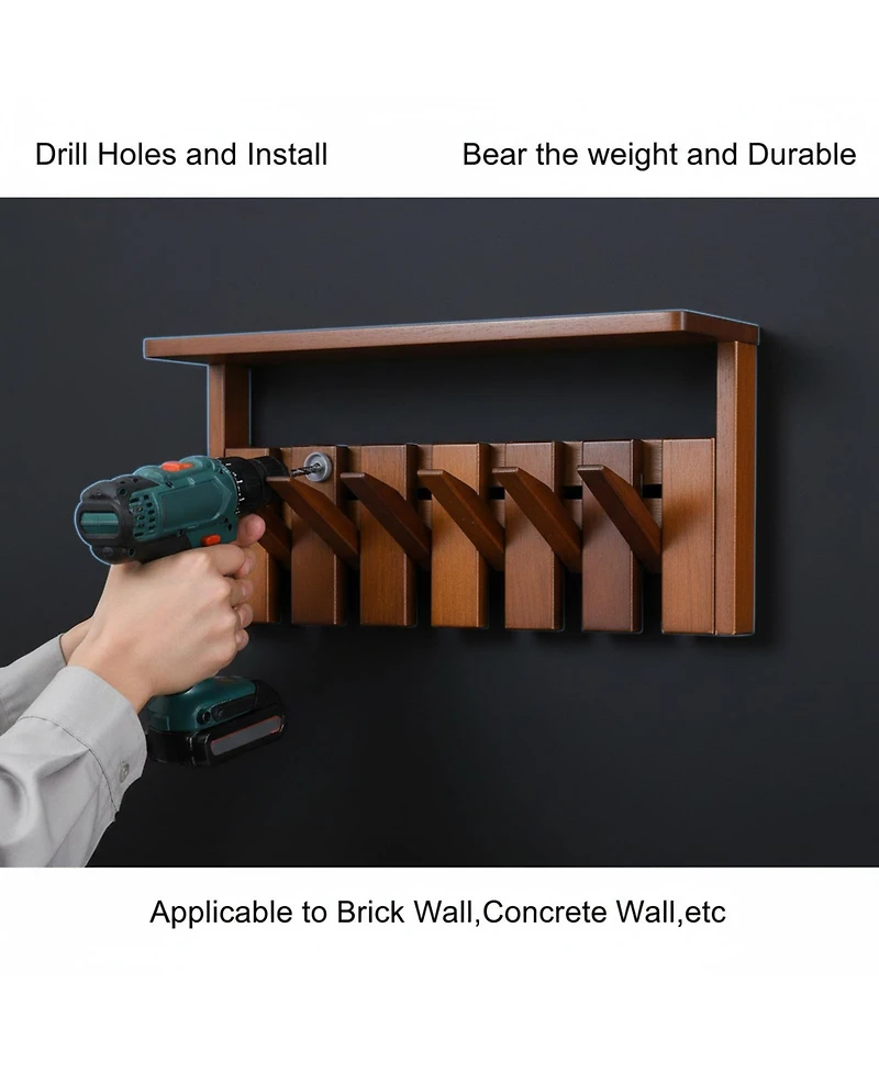 Yigii Wall Mounted Wooden Coat Rack with Shelf Heavy Duty Entryway Organizer Solid Wood Display Storage