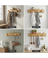 Yigii Mid Century Modern Solid Wood Wall Coat Hanger with Shelf Piano Key Hooks Heavy Duty Entryway Bathroom Storage Rack