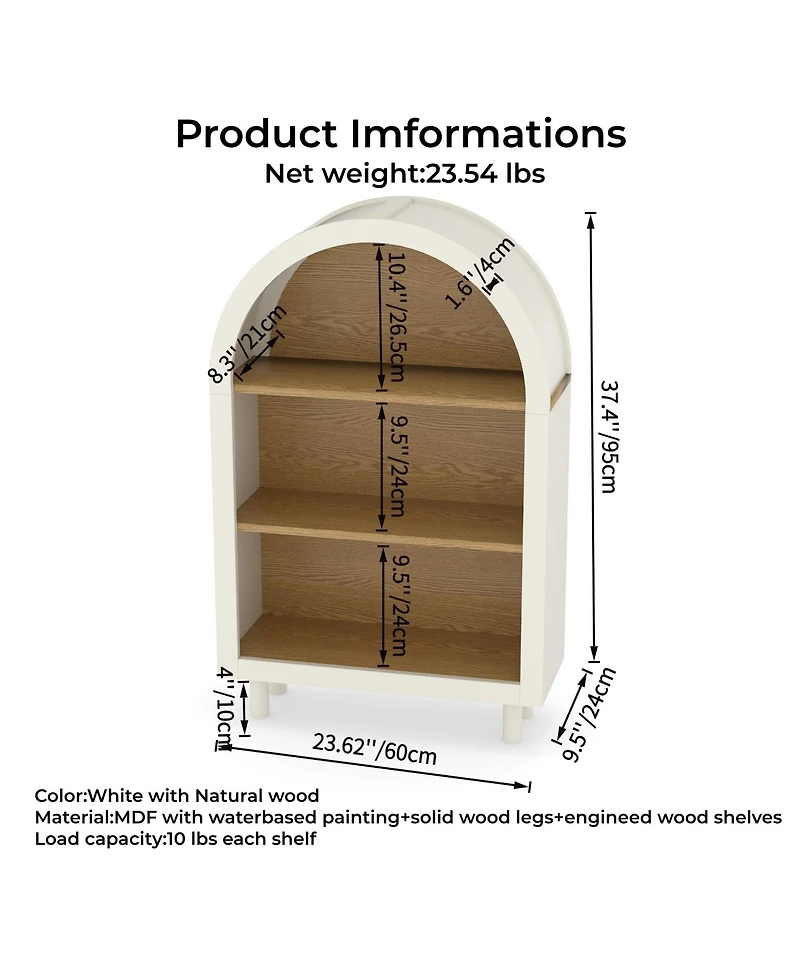 Flynama Arched Top 3 Tier Wooden Storage Bookcase Woodgrain For Living Room Bedroom