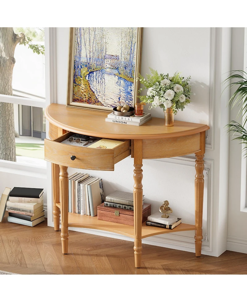 Fynama Half Moon Console Table Drawer Shelf Rustic Accent Table For Entryway