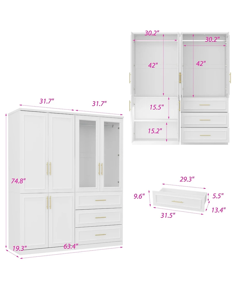 Homsee 6-Door Big Armoires with 2 Hanging Rods, 3-Drawers, Shelves