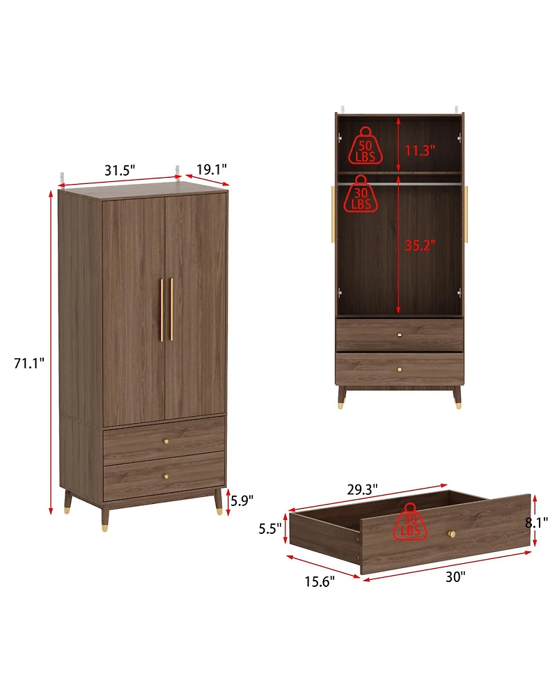 Homsee Armoire with 2-Drawers, Hanging Rod and Metal Handles