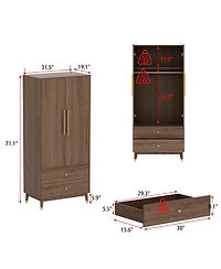 Homsee Armoire with 2-Drawers, Hanging Rod and Metal Handles