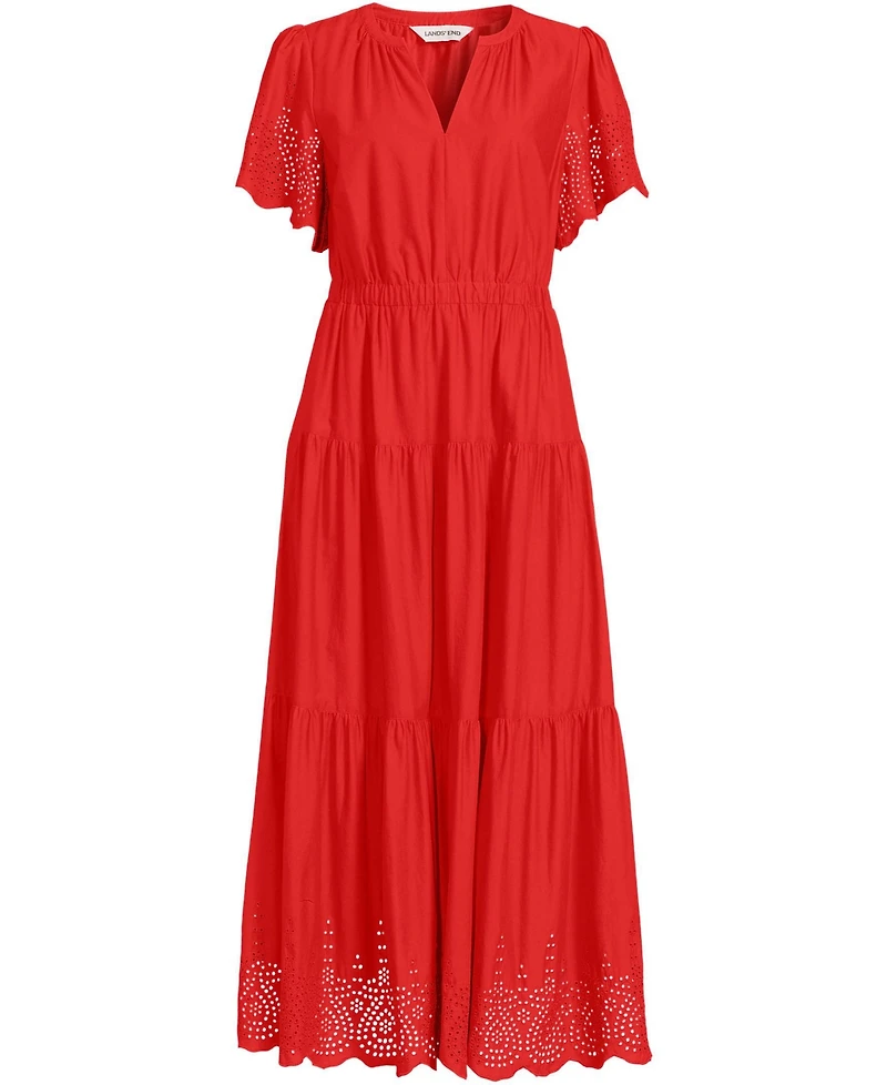 Lands' End Women's Tiered Cotton Poplin Eyelet Maxi Dress