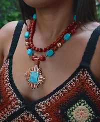 Barse Santa Fe Blue Turquoise Golden Cross Pendant Necklace