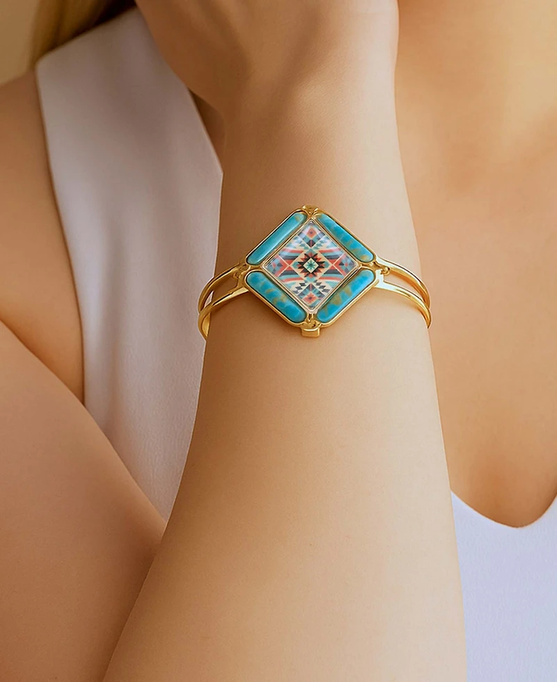 Barse Scenic Native Weave Blue Turquoise Golden Cuff Bracelet