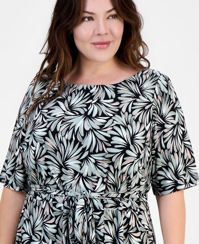 Kasper Plus Printed Elbow-Sleeve Midi Dress