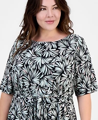 Kasper Plus Printed Elbow-Sleeve Midi Dress