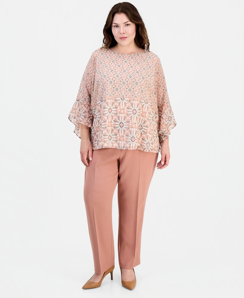 Kasper Plus Printed Boat Neck Ruffled-Sleeve Top