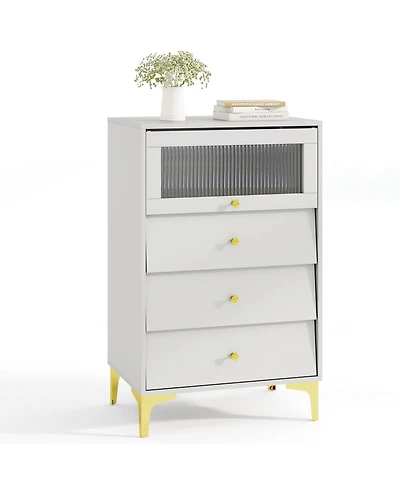 sumyeg Modern Storage Cabinet with Flip Up Fluted Glass Door and Pull-out Drawers