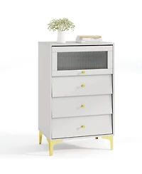 sumyeg Modern Storage Cabinet with Flip Up Fluted Glass Door and Pull-out Drawers
