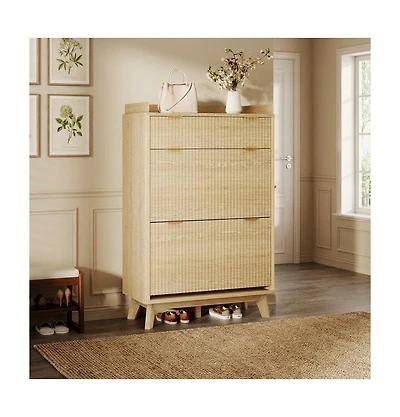 Homfan Fluted Shoe Cabinet with 2 Flip Drawers and Top Drawer, Deep Entryway Storage Organizer
