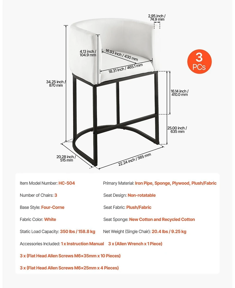 Gouun 25 in Counter Height Fabric Bar Stool Set of 3 with Backrest, Arm, Metal Frame, and Footrest