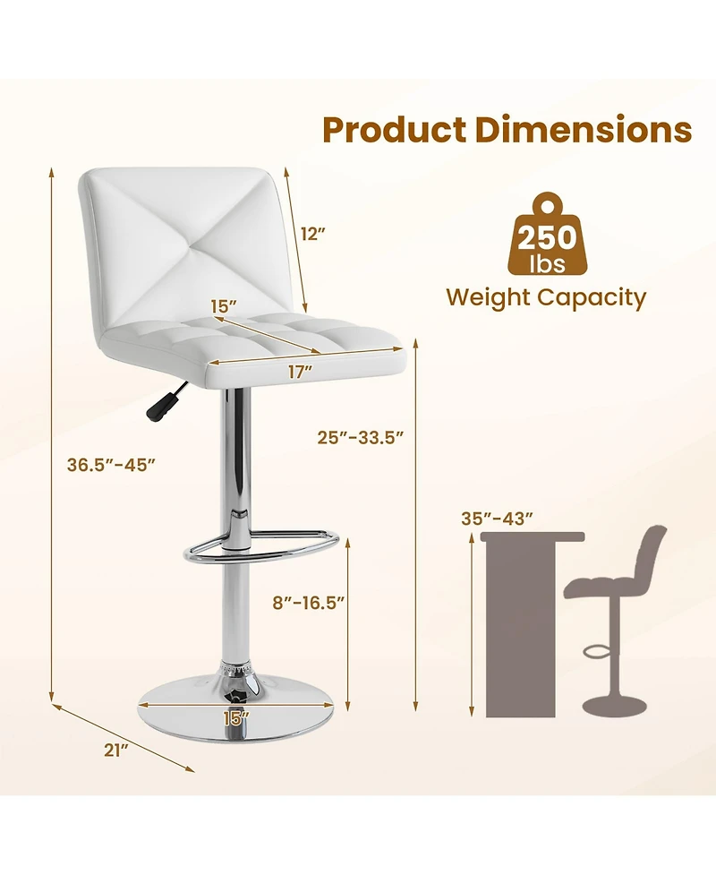 Gouun Adjustable Height Upholstered Swivel Bar Stool Set of 2 with Back