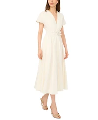 CeCe Women's V-Neck Short-Sleeve Cinch Waist Cotton Midi Dress