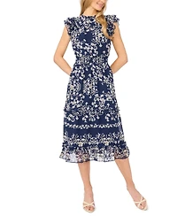 CeCe Women's Flutter-Sleeve Crewneck Smocked Waist Midi Dress
