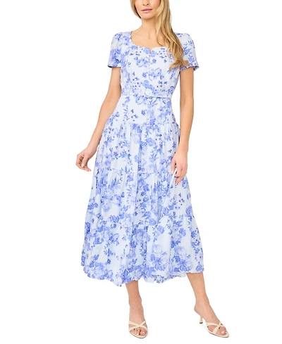 CeCe Women's Short-Sleeve Square Neck Tiered Midi Dress