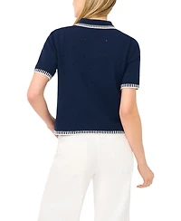 CeCe Women's Pointelle Short-Sleeve Collared Cotton Cardigan