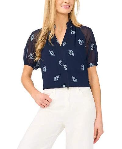 CeCe Women's Embroidered Split V-Neck Blouse