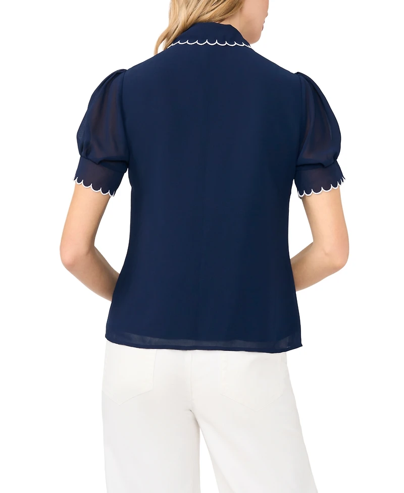 CeCe Women's Scallop Contrast Trim Button Up Top