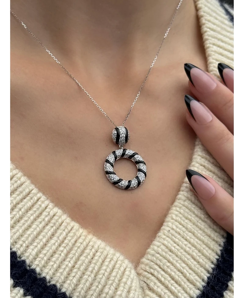 Suzy Levian Sterling Silver Pave White Cubic Zirconia Black Enamel Circle Drop Pendant