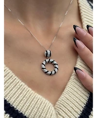 Suzy Levian Sterling Silver Pave White Cubic Zirconia Black Enamel Circle Drop Pendant