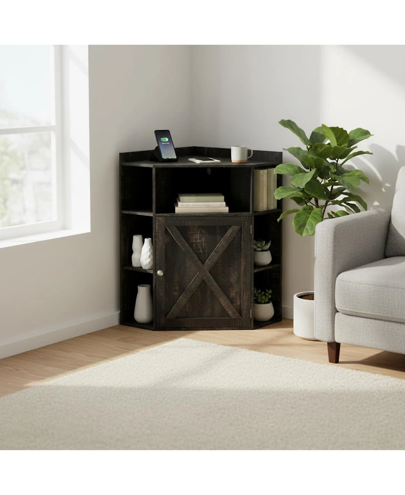 Yigii Industrial Corner Storage Shelf with Charging Station 6-Cubby Wooden Organizer for Small Spaces