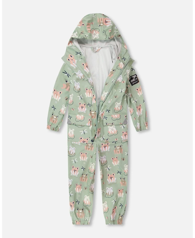 Deux par Little Girls Polyurethane Frog Print Rain One-Piece
