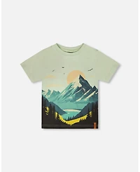 Deux par Deux Little Boys Cotton Jersey T-Shirt with Mountain Print Sage