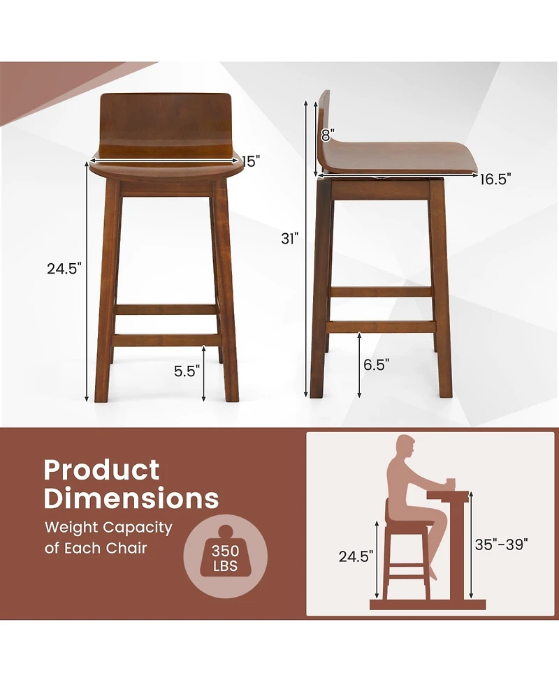 Gouun 24.5 in Swivel Wooden Bar Stool Set of 2 with Low Back and Rubber Wood Legs