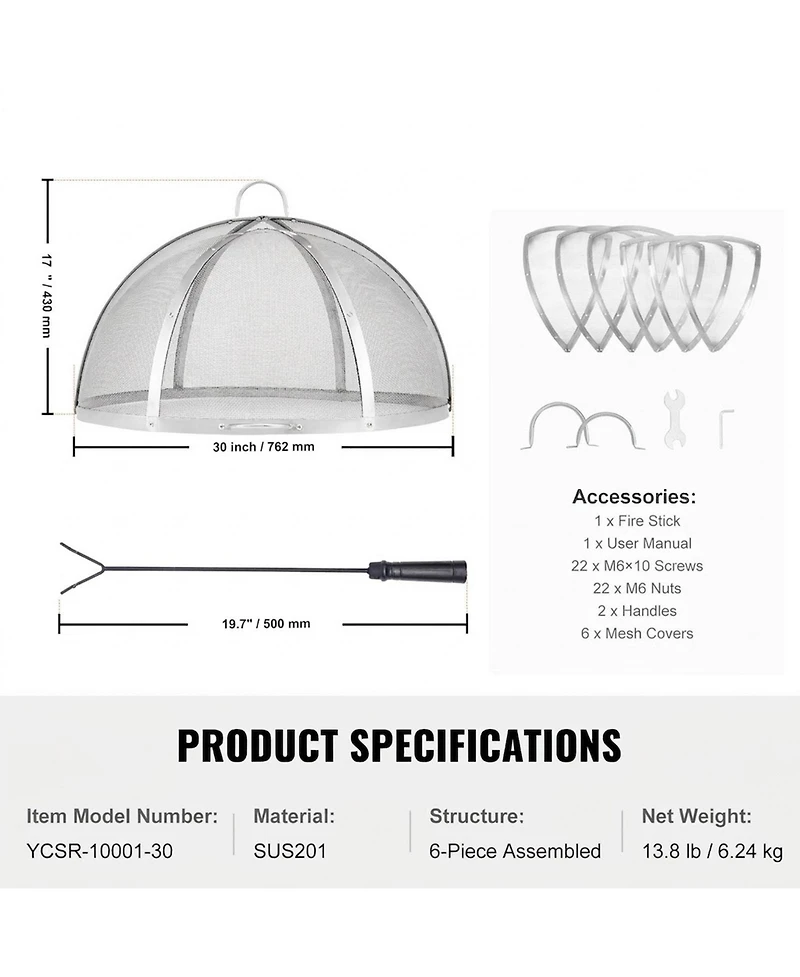 Sugift 30in Diameter Stainless Steel Fire Pit Spark Screen Lid Cover