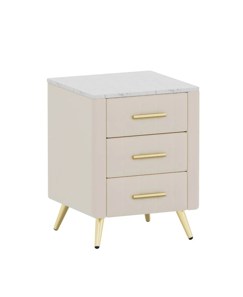 sumyeg Upholstered Wooden Nightstand with 3 Drawers and Metal Legs Handles