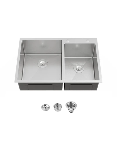 Busdays 33 x 19 Inch Embedded Double Bowl Kitchen Sink Overmount Handmade Brushed Stainless Steel