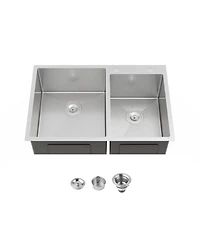 Busdays 33 x 19 Inch Embedded Double Bowl Kitchen Sink Overmount Handmade Brushed Stainless Steel