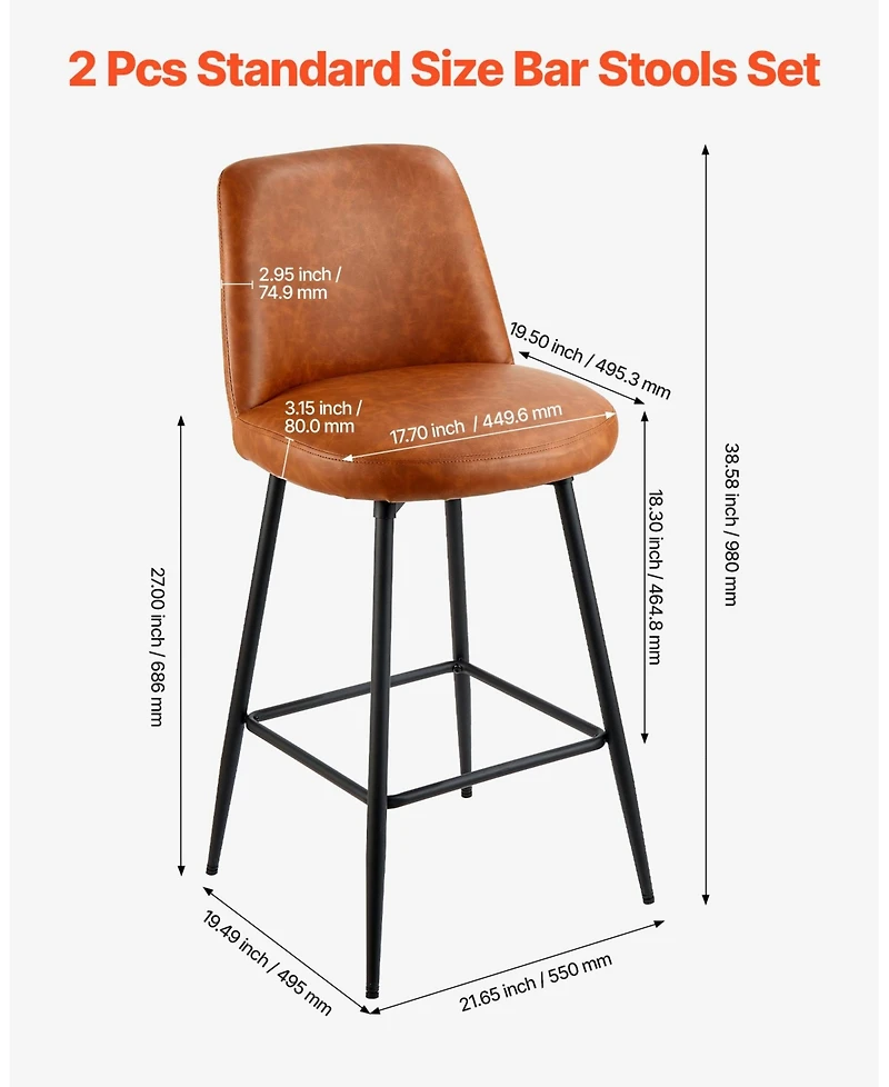 Gouun 27 in Swivel Counter Height Pu Leather Bar Stool Set of 2 with Backrest and Metal Legs