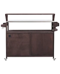 sumyeg 53.3inch Outdoor Kitchen Island with Raised Shelf, Solid Wood Storage Cabinet, Rolling Grill Cart Rack, Adjustable Shelf and Spice Rack