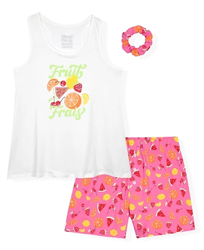Max & Olivia Girls' 7-16 Sleeveless Tank Top, Pull-On Pajama With Scrunchie, 3- Piece Set