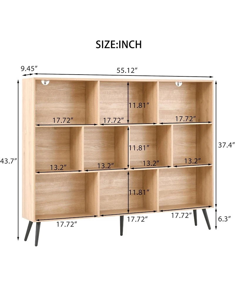 Gaomon 10 Cube Bookshelf, 3 Tier Modern Wide Bookcase with Legs, Mid-Century Wood Bookshelves Storage, Natural Large Book Case