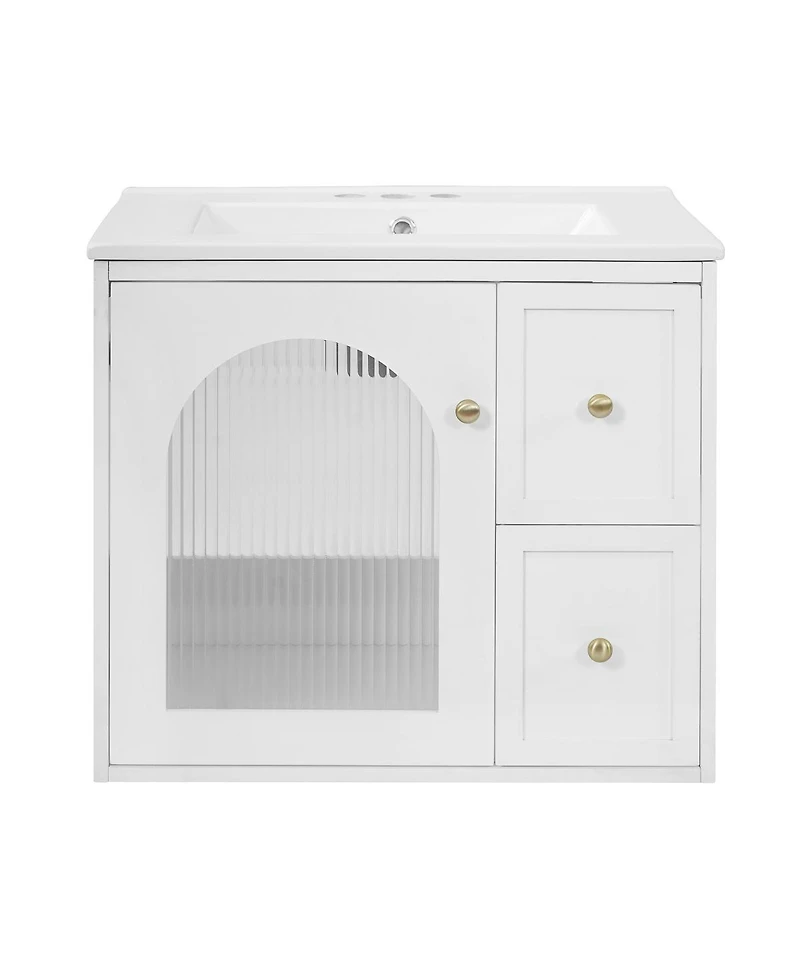 Sillysis 24" Wall Mount Bathroom Vanity with Glass Door, Ceramic Sink & 2 Drawers, Space Saving Storage for Small Bathrooms-Sillysis